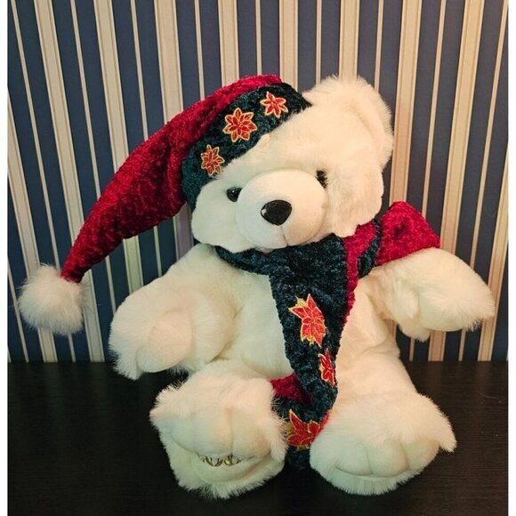 Kmart Collectable 19 Inch 2001 White Christmas Stuffed Bear w/ Santa Hat & Scarf - Picture 2 of 4